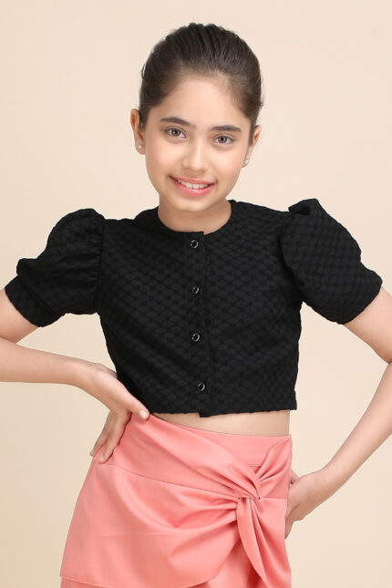 Black Textured Puff Sleeve Crop Top